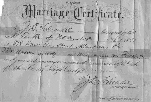Harvey and Annie Wolfe Marriage Certificate